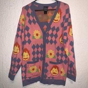 Studio Ghibli Howl's Moving Castle Diamonds & Calcifer Cardigan Sweater Size M